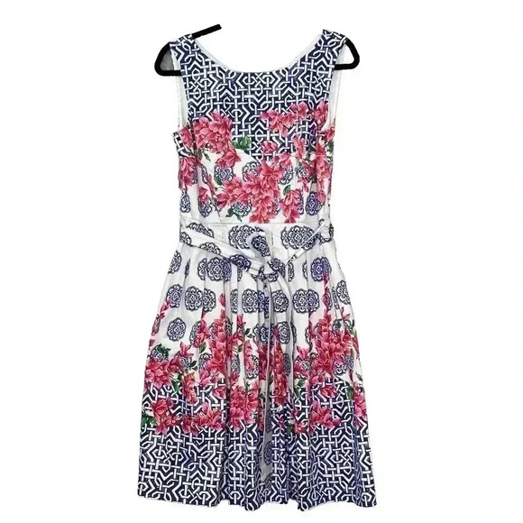 Talbot Mosaic Floral Sateen Fit & Flare Pink Blue Pleated Dress Knee Length Sz 8 - Picture 6 of 16